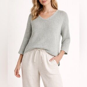 Eileen Fisher Quiet Luxury Linen Blend Baby Blue V-Neck Sweater – Relaxed Fit
